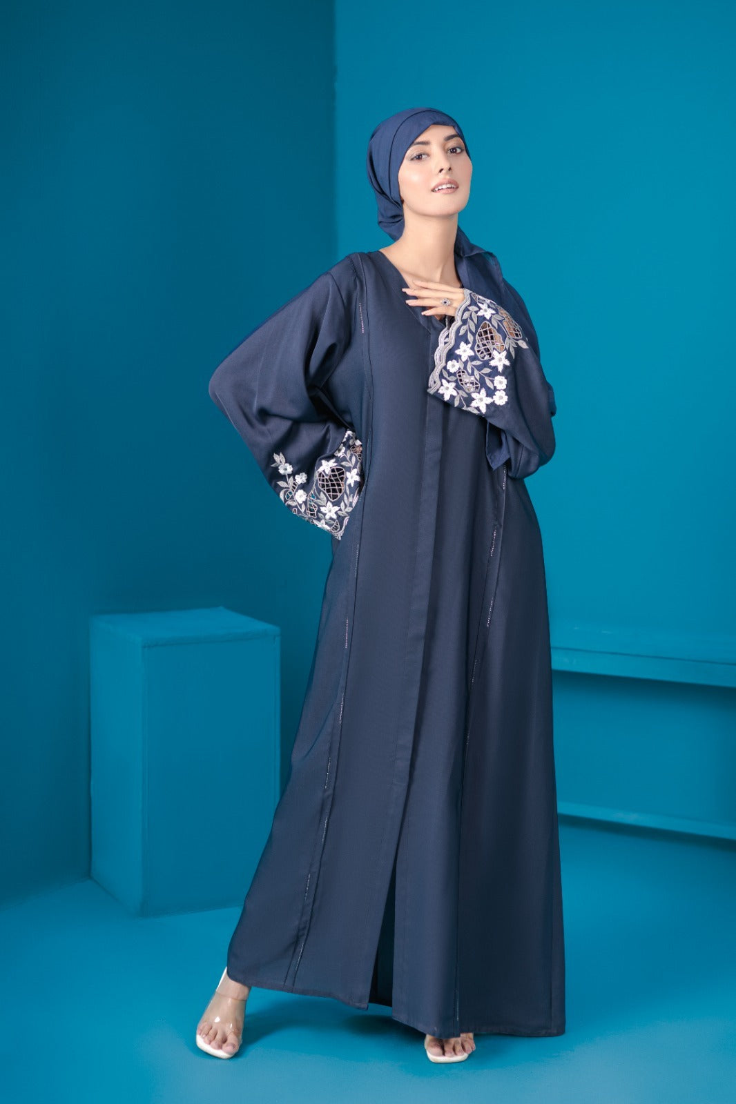 Midnight Blue Cut Work Abaya with Hijab